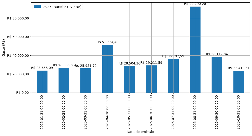 Gráfico com gastos líqüidos diários de Bacelar (PV/BA) em 2025.