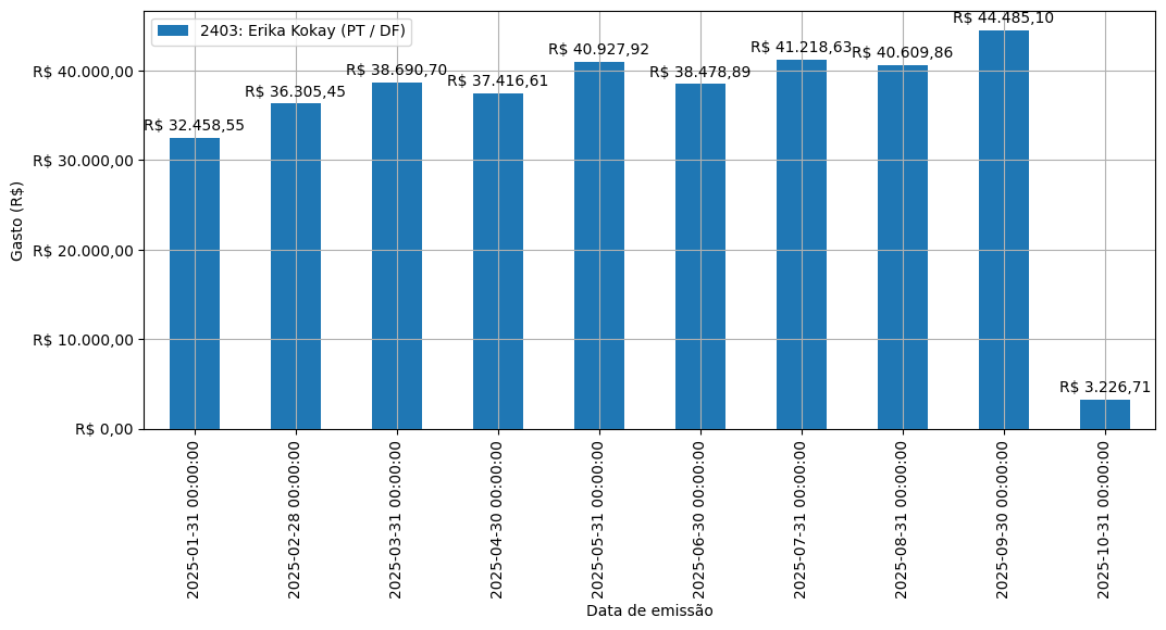 Gráfico com gastos líqüidos diários de Erika Kokay (PT/DF) em 2025.